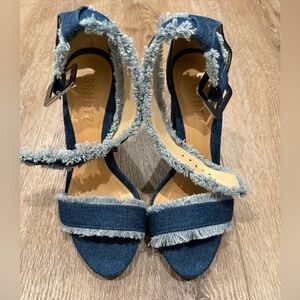 SCHUTZ Janessa Frayed Denim Heels, Size 5